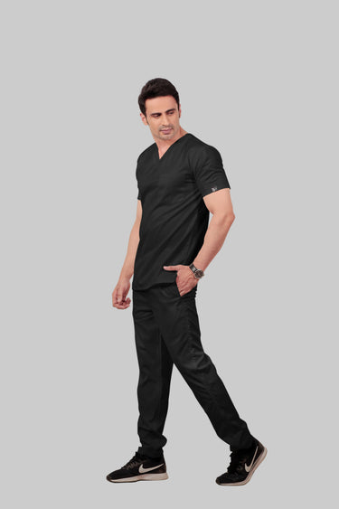 Stretchable (2Way) Male Black V-Neck With Straight Pant Scrub Set