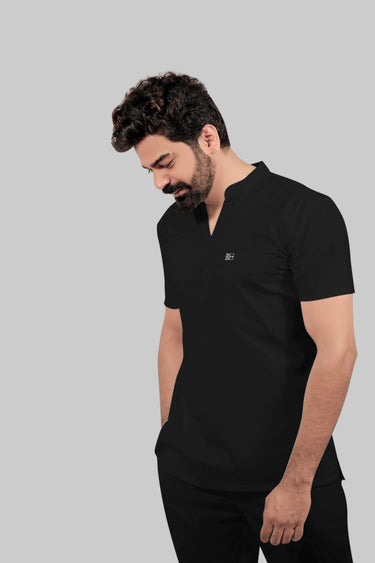 Stretchable (4Way) Male Mandarin Neck Black Scrub Top