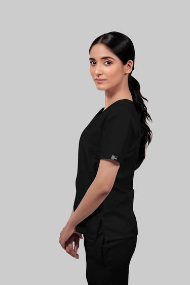 Stretchable (4Way) Female Black V-Neck With Straight Pant Scrub Set