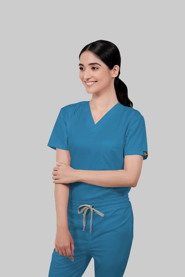 Stretchable (2Way) Female Peacock Blue V-Neck With Jogger Scrub Set