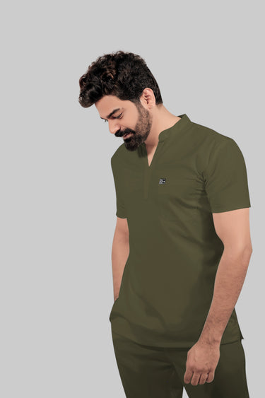 Stretchable (4Way) Male Mandarin Neck Olive Green Scrub Top
