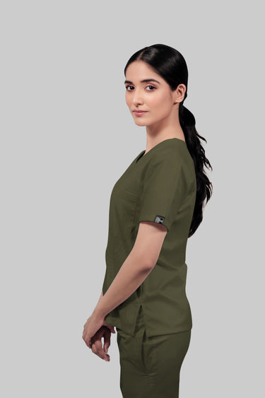 Stretchable (4Way) Female Olive Green V-Neck With Straight Pant Scrub Set