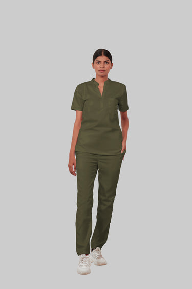 Stretchable (4Way) Female Olive Green Mandarin Neck With Straight Pant Scrub Set