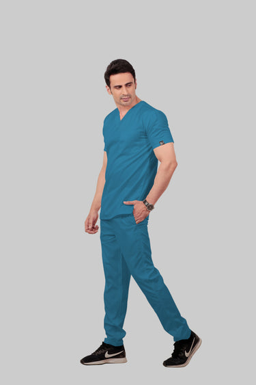 Stretchable (2Way) Male Peacock Blue V-Neck With Straight Pant Scrub Set
