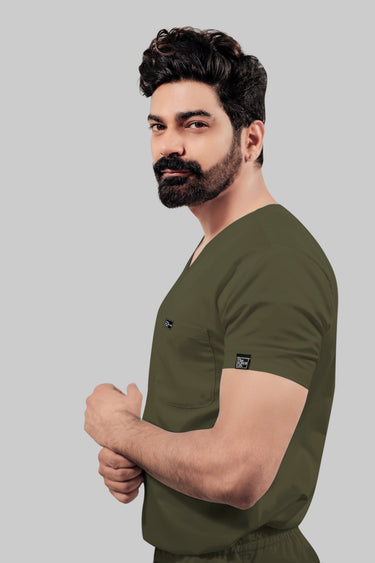 Stretchable (4Way) Male Olive Green V-Neck With Straight Pant Scrub Set
