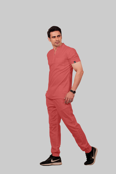 Stretchable (2Way) Male Peach Mandarin Neck With Jogger Scrub Set