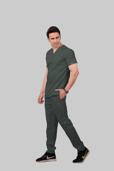 Stretchable (2Way) Male Bottle Green V-Neck With Straight Pant Scrub Set
