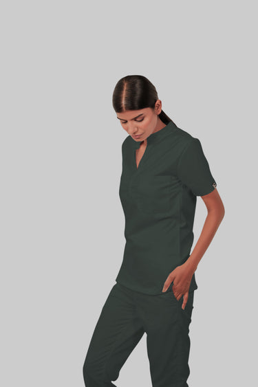 Stretchable (2Way) Female Bottle Green Mandarin Neck Scrub Top