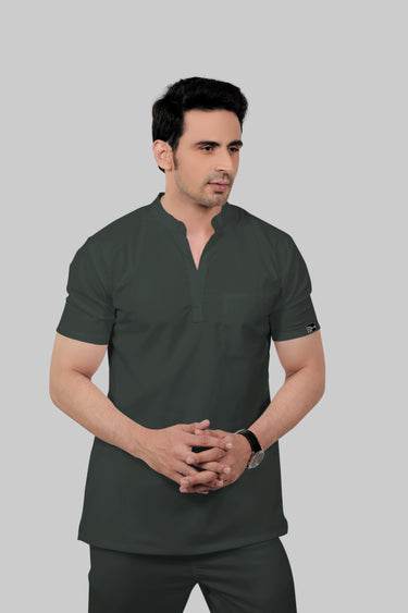 Stretchable (2Way) Male Bottle Green Mandarin Neck Scrub Top