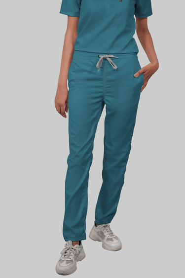 Stretchable (4way) Female Peacock Blue V-Neck With Straight Pant Scrub Set