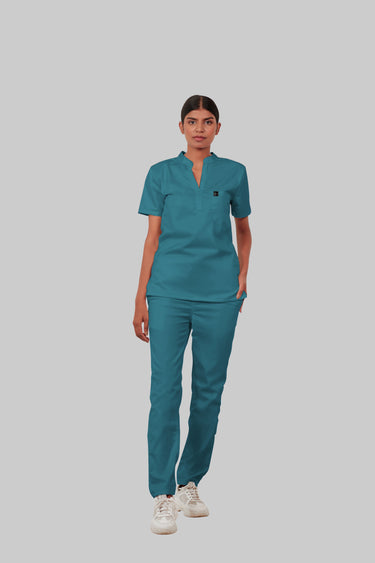 Stretchable (4Way) Female Peacock Blue Mandarin Neck With Straight Pant Scrub Set