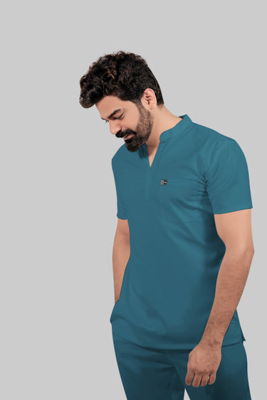 Stretchable (4Way) Male Mandarin Neck Peacock Blue Scrub Top