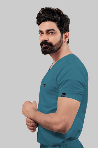 Stretchable (4Way) Male Peacock Blue V-Neck With Jogger Scrub Set