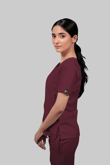 Stretchable (4Way) Female Burgundy V-Neck With Straight Pant Scrub Set