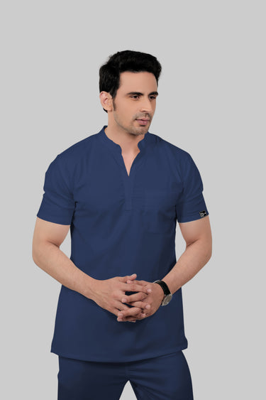 Stretchable (2Way) Male Navy Blue Mandarin Neck With Straight Pant Scrub Set