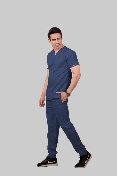 Stretchable (2Way) Male Navy Blue V-Neck With Straight Pant Scrub Set