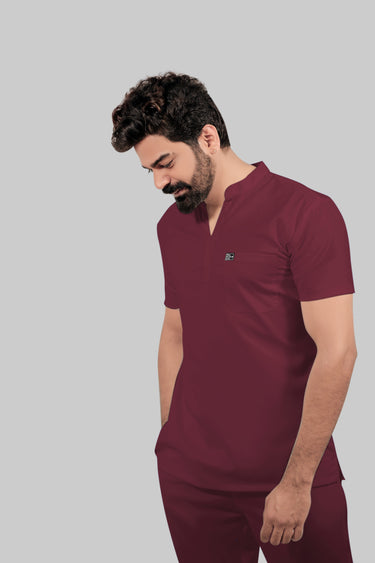 Stretchable (4Way) Male Mandarin Neck Burgundy Scrub Top