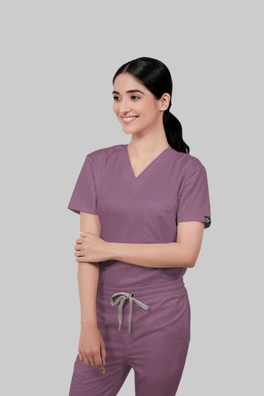 Stretchable (2Way) Female Lilac V-Neck With Straight Pant Scrub Set