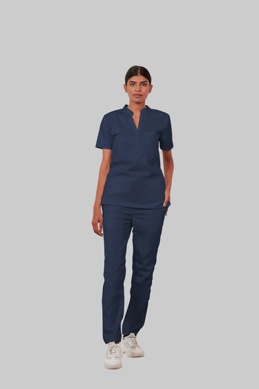Stretchable (4Way) Female Navy Blue Mandarin Neck With Straight Pant Scrub Set