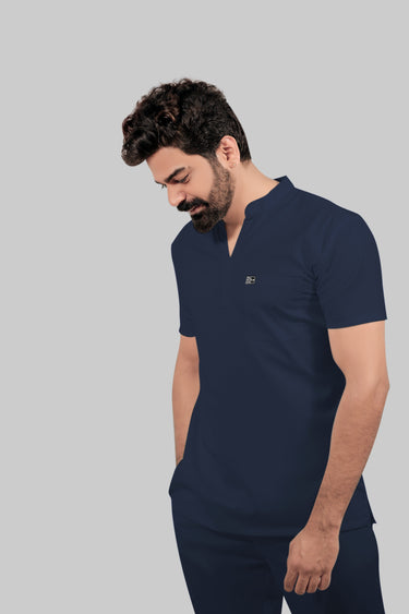 Stretchable (4Way) Male Mandarin Neck Navy Blue Scrub Top