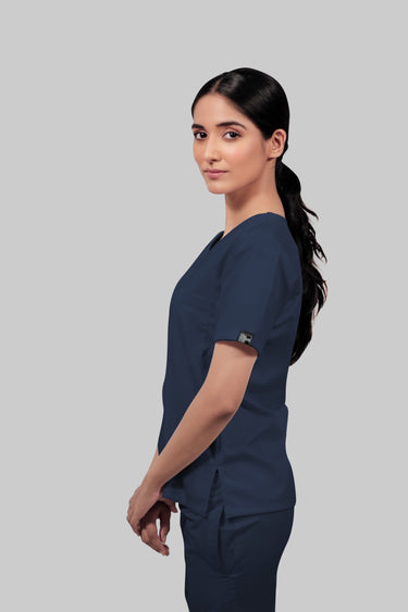 Stretchable (4Way) Female Navy Blue V-Neck With Joggers Scrub Set