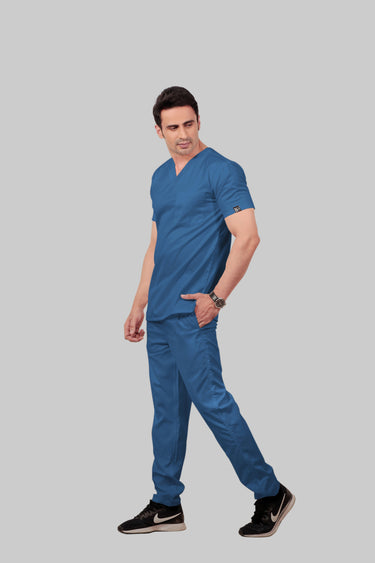 Stretchable (2Way) Male Steel Blue V-Neck With Straight Pant Scrub Set