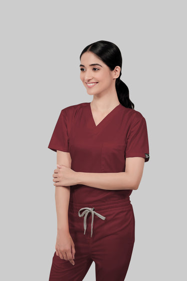 Stretchable (2Way) Female Maroon V-Neck With Straight Pant Scrub Set