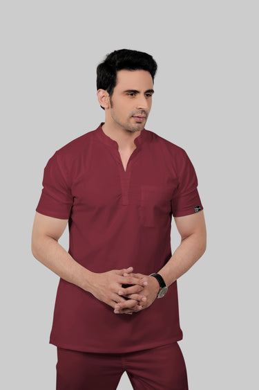 Stretchable (2Way) Male Maroon Mandarin Neck With Straight Pant Scrub Set