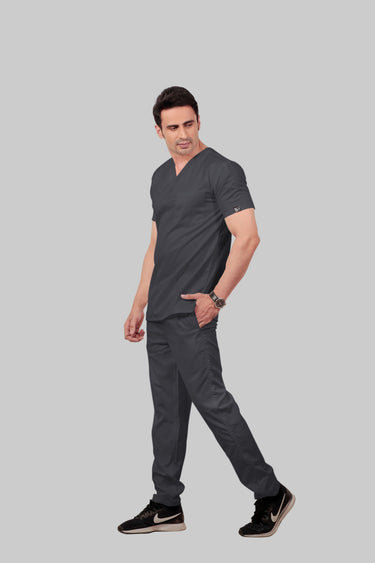 Stretchable (2Way) Male Dark Gray V-Neck With Straight Pant Scrub Set
