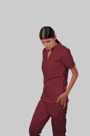 Stretchable (2Way) Female Maroon Mandarin Neck Scrub Top