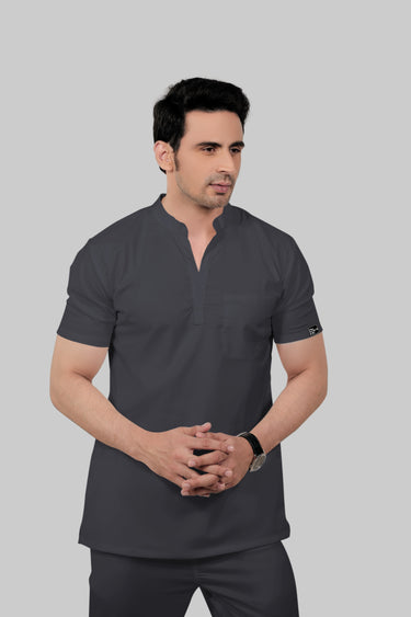 Stretchable (2Way) Male Dark Gray Mandarin Neck With Straight Pant Scrub Set