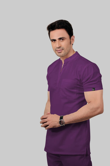 Stretchable (2Way) Male Purple Mandarin Neck With Jogger Scrub Set