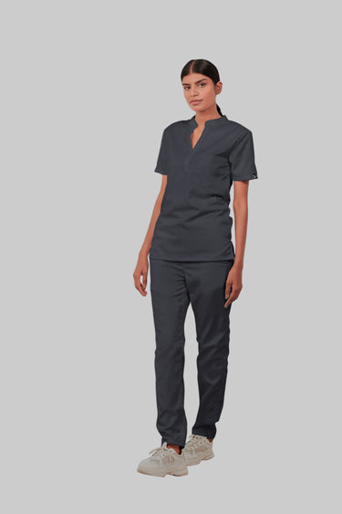 Stretchable (2Way) Female Dark Gray Mandarin Neck With Straight Pant Scrub Set