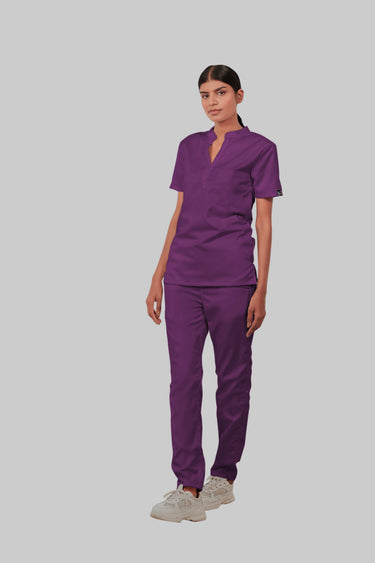Stretchable (2Way) Female Purple Mandarin Neck With Straight Pant Scrub Set