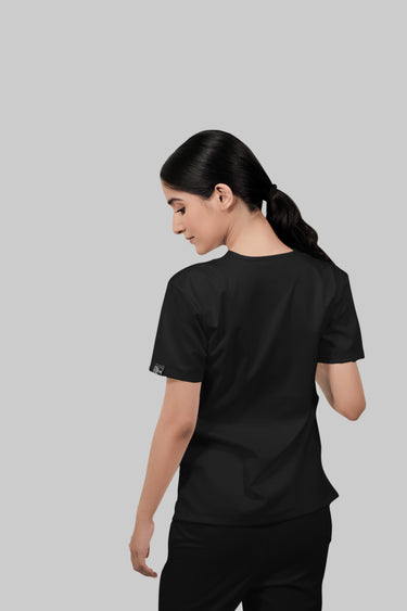 Stretchable (2Way) Female Black V-Neck With Straight Pant Scrub Set