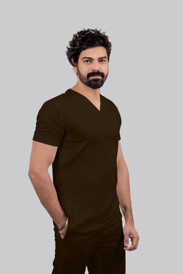 Stretchable (4Way) Male Brown V-Neck With Straight Pant Scrub Set