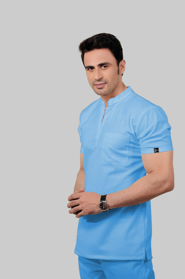 Stretchable (2Way) Male Light Blue Mandarin Neck With Jogger Scrub Set