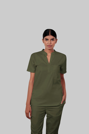 Stretchable (4Way) Female Olive Green Mandarin Neck With Straight Pant Scrub Set