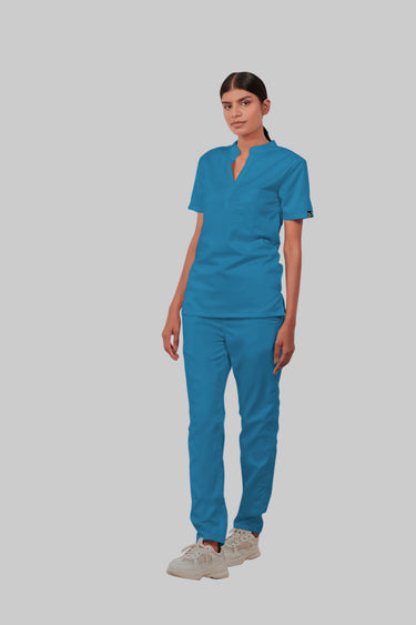 Stretchable (2Way) Female Peacock Blue Mandarin Neck With Straight Pant Scrub Set