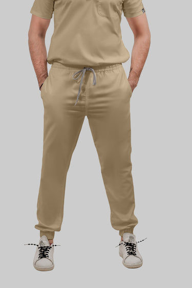 Stretchable (4Way) Female Beige V-Neck With Jogger Scrub Set
