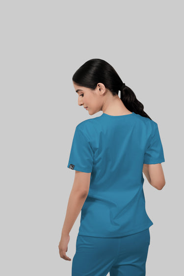 Stretchable (2Way) Female Peacock Blue V-Neck With Jogger Scrub Set