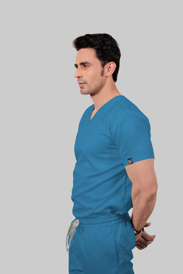 Stretchable (2Way) Male Peacock Blue V-Neck With Jogger Scrub Set