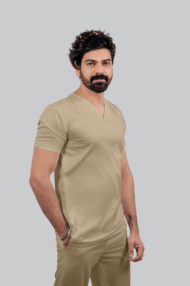 Stretchable (4Way) Male V Neck Beige Scrub Top