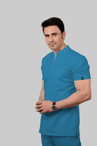 Stretchable (2Way) Male Peacock Blue Mandarin Neck With Jogger Scrub Set