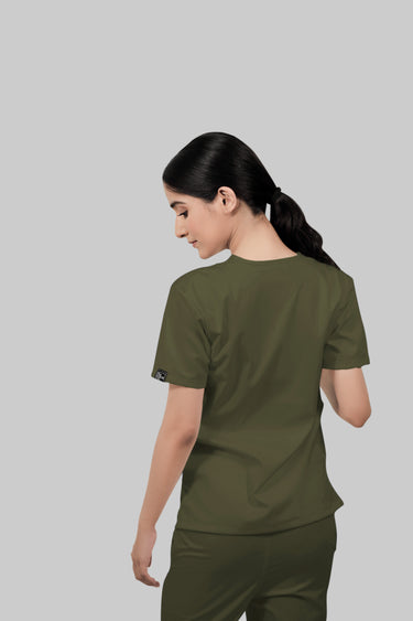 Stretchable (4Way) Female Olive Green V-Neck Scrub Top