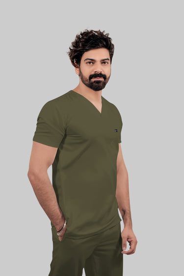 Stretchable (4Way) Male Olive Green V-Neck With Straight Pant Scrub Set