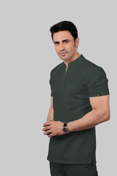 Stretchable (2Way) Male Bottle Green Mandarin Neck Scrub Top