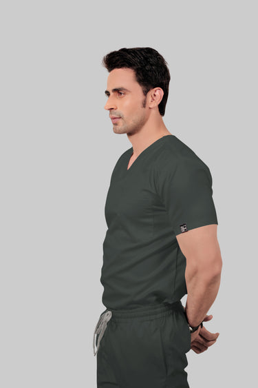 Stretchable (2Way) Male Bottle Green V-Neck With Straight Pant Scrub Set