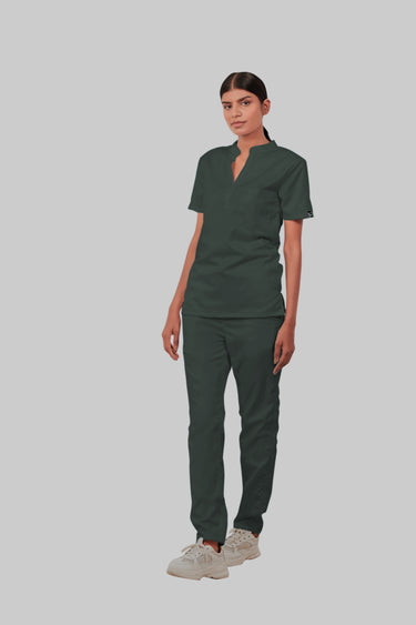 Stretchable (2Way) Female Bottle Green Mandarin With Straight Pant Scrub Set