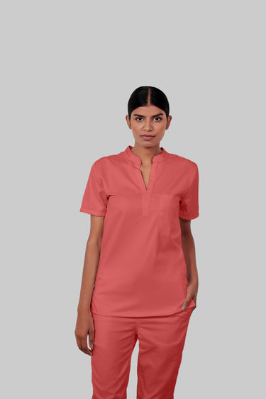 Stretchable (2Way) Female Peach Mandarin Neck With Straight Pant Scrub Set